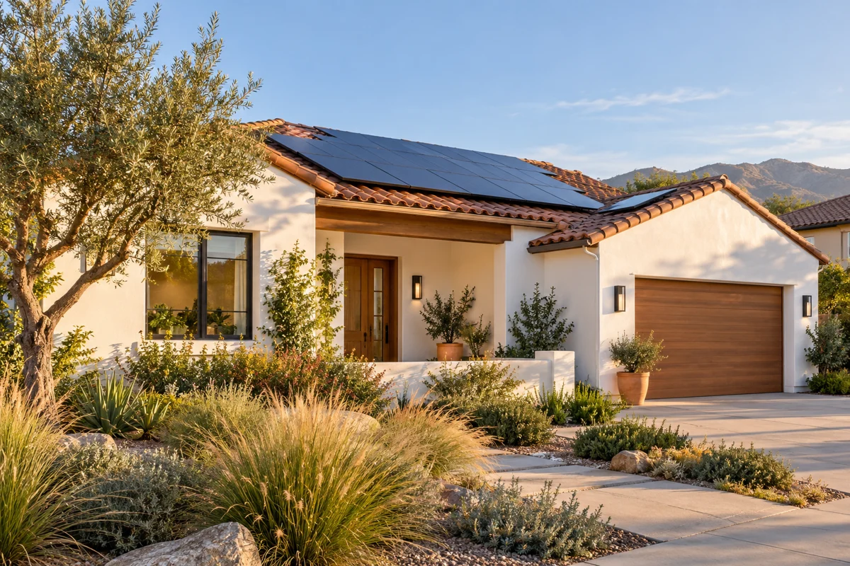 Illustration of a sunlit home with rooftop solar panels